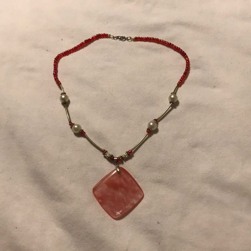 Pendant, pearl, bead and metal necklace